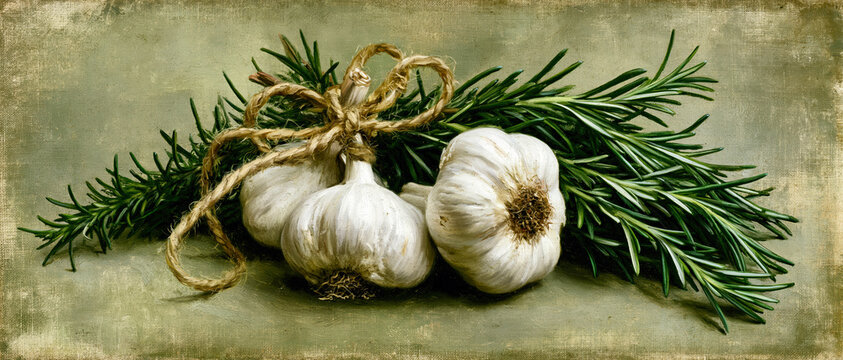 Rustic Garlic and Rosemary Herb Bundle Vintage Kitchen Still Life Painting AI Generative