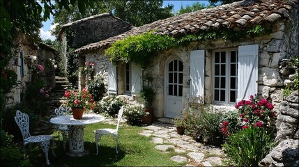 Fototapeta premium Sunny European Rustic Stone Cottage Patio, White Window Shutters, Ornate Metal Outdoor Seating, Blooming Potted Flowers, Peaceful Rural Garden Retreat
