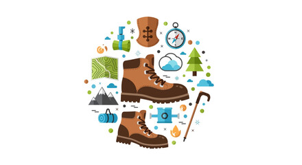 Fototapeta premium Adventure Outdoor Gear Concept Illustration - Hiking Boots, Map, Compass, and Camping Symbols in a Circular Flat Design Style
