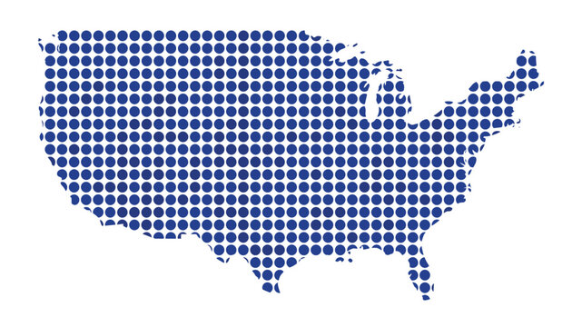 USA map dotted vector silhouette blue halftone circle pattern United States geography template for infographic poster presentation