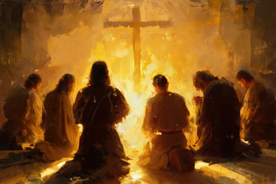 People Praying in Church with Glowing Cross Light &ndash; AI Generative