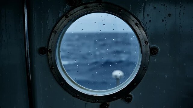 Round metal ship porthole with raindrops looking out over dark stormy blue ocean waves on rainy day