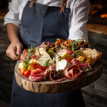 Gourmet Charcuterie Board with Cheese Prosciutto and Tomatoes Served by Chef .AI Generative