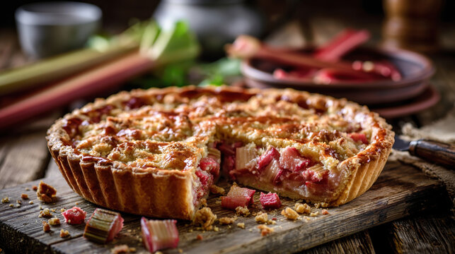 Homemade Rhubarb Pie with Golden Crust and Fresh Filling. AI generative.