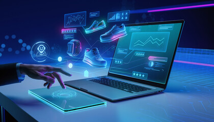 Fototapeta premium Visualize the future of retail with this futuristic holographic interface for online shopping. Featuring 3D sneakers, data analytics, and hightech UI design. Ideal for innovative business.