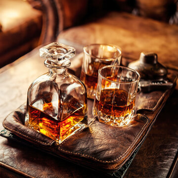 Premium Whiskey Decanter and Glasses with Ice on Rustic Tray. AI generative.