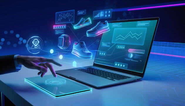 Visualize the future of retail with this futuristic holographic interface for online shopping. Featuring 3D sneakers, data analytics, and hightech UI design. Ideal for innovative business.