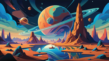 Planetary scene with ringed planet and rocky landscape a colorful vector illustration planets celestial body space outer © CreativeKamrul