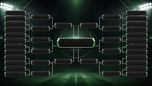 Soccer tournament bracket board in dark stadium style