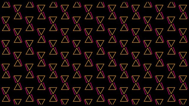 Simple animated geometric shape pattern featuring dynamic yellow triangles and pink lines rotating on a black background for a modern retro motion graphics loop background. 4K video with alpha channel