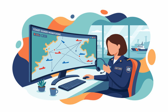 Female Coast Guard Dispatcher Monitoring Maritime Traffic at Workstation
