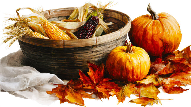 Autumn Harvest Basket Watercolor &ndash; AI Generative