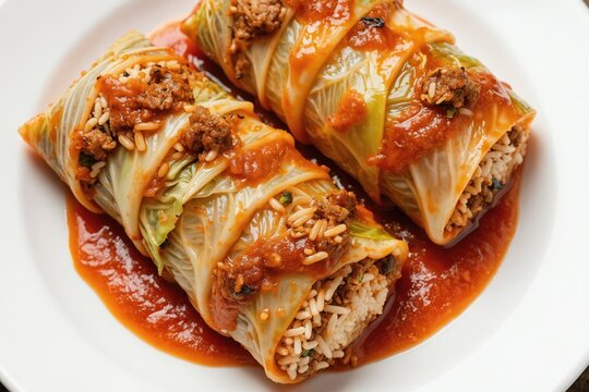 Two stuffed cabbage rolls with rice and meat filling sit in savory tomato sauce on a white plate. Leafy green vegetable wraps are topped with ground meat and sauce, ready to eat.
