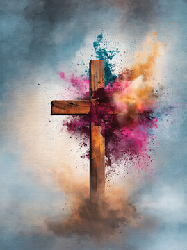 Wooden Cross with Color Explosion Abstract Spiritual Concept. AI generative.