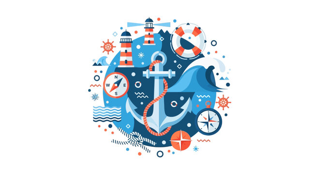 Modern Nautical Flat Vector Illustration with Anchor, Lighthouses, Compasses and Maritime Symbols in Circular Composition