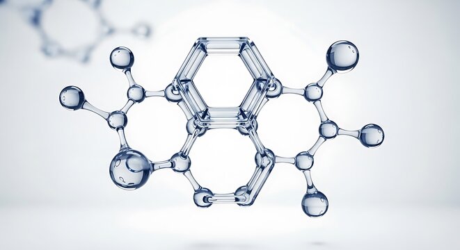 Glass molecular structure model with interconnected spheres and rods on a white background