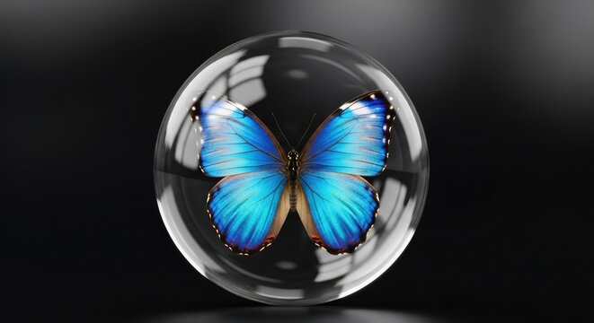 Vibrant blue butterfly encased within a transparent sphere against a dark backdrop
