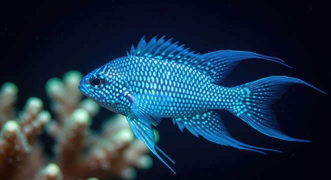 Vibrant blue damselfish swimming near coral reef against dark background