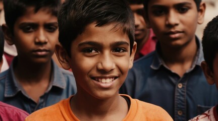 Obraz premium Indian boy smiles warmly surrounded by friends. Boys in casual clothes in village. Children express joy and hope for future education and opportunities.