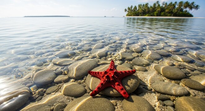 Vibrant red starfish on a rocky seashore with calm waters and island view