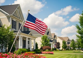 Fototapeta premium American flag flying in front of a suburban home with beautiful garden