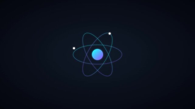 An illustration depicts an atom model with orbiting electrons around the nucleus.