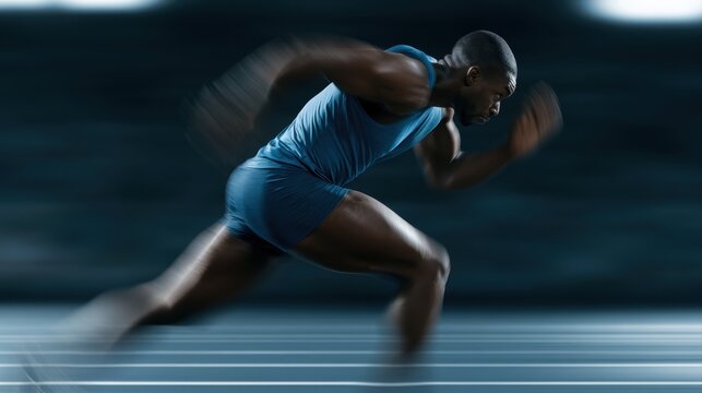 Athlete sprinting on running track, powerful motion blur sports photography, dramatic stadium atmosphere