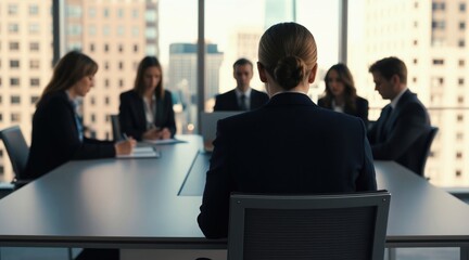 Fototapeta premium Business people in suits sit at a conference table in a modern office. They look at laptops and papers, engaging in a meeting with city views. Teamworks and collaboration occur.