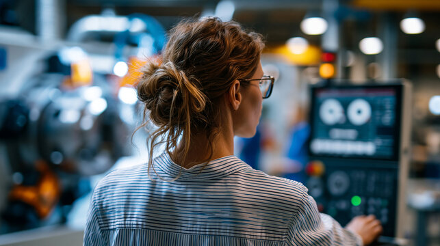 A European female engineer viewed from behind works softly to control a bright CNC machine in a calm heavy industry metal factory in soft daylight female engineer faceless back