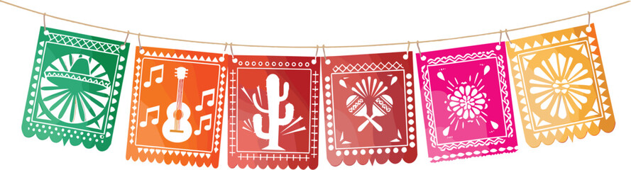 Mexican Papel Picado Garland Vector Banner with Colorful Hanging Paper Flags Featuring Traditional Silhouette Icons of Sombrero, Guitar, Cactus, and Maracas © Kamal