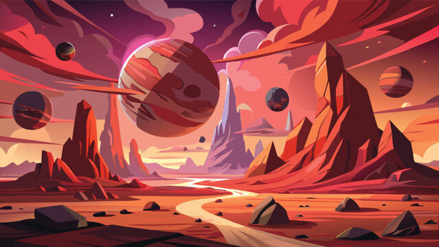 Red planetary landscape with multiple planets and jagged rock formations a vector illustration alien planet extraterrestrial scene