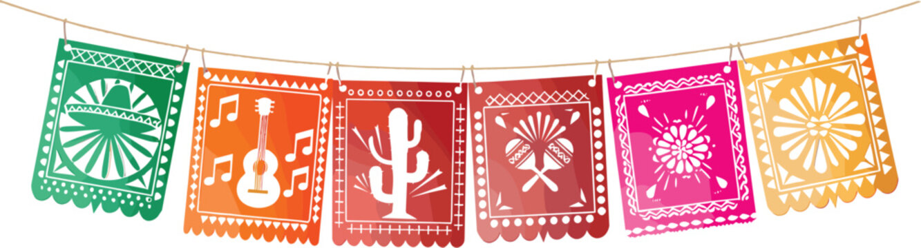 Mexican Papel Picado Garland Vector Banner with Colorful Hanging Paper Flags Featuring Traditional Silhouette Icons of Sombrero, Guitar, Cactus, and Maracas