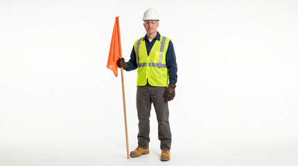 Fototapeta premium Construction worker holding orange flag on a white background