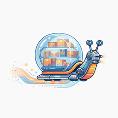 Naklejka premium A futuristic snail robot carrying a cargo of boxes within a transparent dome, moving along a digital data stream. The robot has mechanical antennae and wheels.