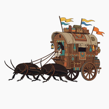 An intricately decorated caravan pulled by two large beetles, driven by a bearded figure, with flags fluttering from its roof
