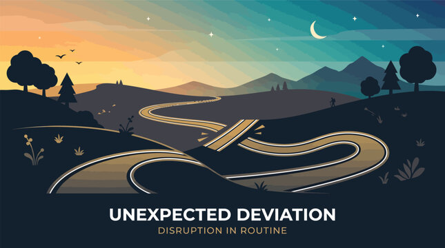 Unexpected deviation disruption in routine text on winding road landscape at sunset.