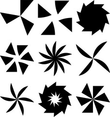 Obraz premium Bold black geometric fan and star silhouettes, Minimalist abstract rotating shapes, Sharp vector icon set