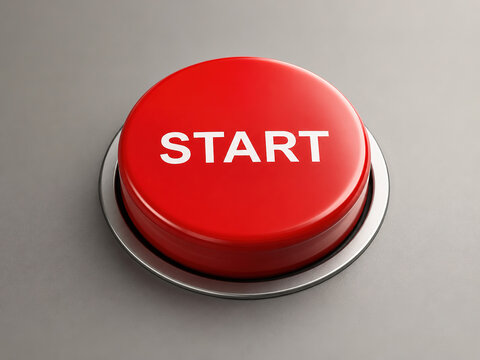 A bright red push button with the word START written in white text, isolated on a neutral grey background.