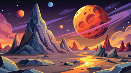 Alien landscape with jagged mountains a winding river and multiple planets in a vector illustration planet extraterrestrial © CreativeKamrul