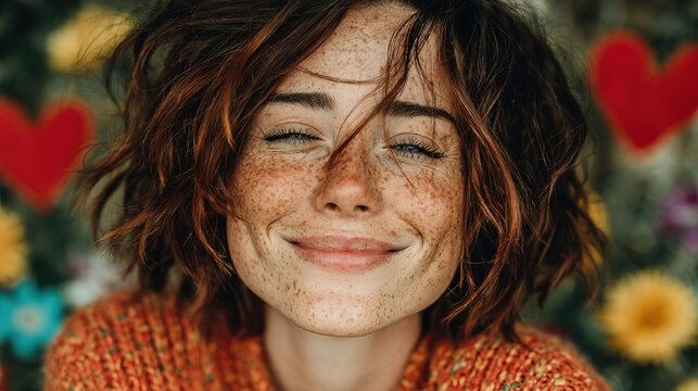 Freckled Young Woman with Wavy Auburn Hair, Gentle Closed-Eye Smile, Cozy Knit Sweater, Blurred Floral Backdrop with Red Hearts, Warm Loving Joyful Vibe