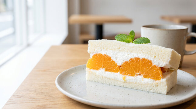 Delicious citrus mandarin fruit sando with light sponge cake, fluffy whipped cream, and fresh green garnishes in a cafe. A sweet Japanese dessert for your restaurant menu