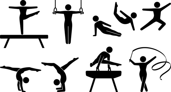Various gymnasts perform flips and poses on different apparatus in a sports setting