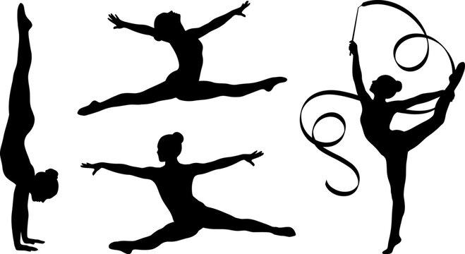 Silhouette of four gymnasts performing acrobatic poses with ribbons and leaping aerially outdoors in a vector graphic.