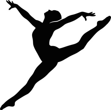 A dancer performs a dynamic leap in mid-air with arms outstretched and legs extended.
