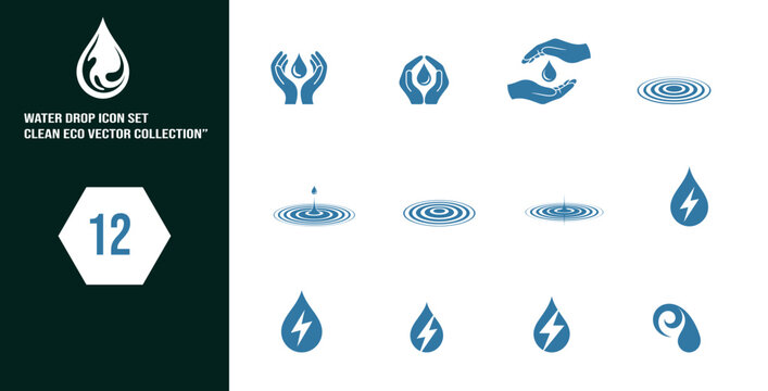 Group of blue depicting hands, water ripples, and lightning bolts within water drops on a black background with a water drop and number 12. keywords: water hands
