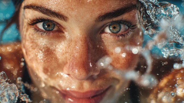 Close-up underwater beauty portrait with sparkling reflections and blue water, evoking summer swimming, freshness, vitality and aquatic adventure