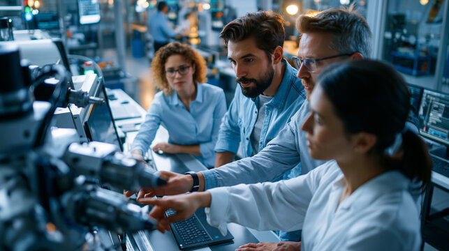 A European engineer team viewed from above programs softly a bright 5 axis CNC machine using a calm AI interface in a modern smart factory in soft daylight multi axis