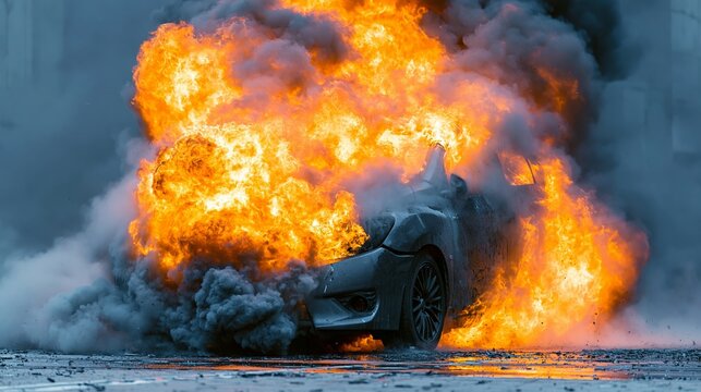 Car fire erupts on street, creating smoke and flames. Dangerous explosion burns intensely.
