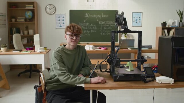 Student wearing glasses and green sweatshirt posing with digital tablet next to 3D printer in modern classroom