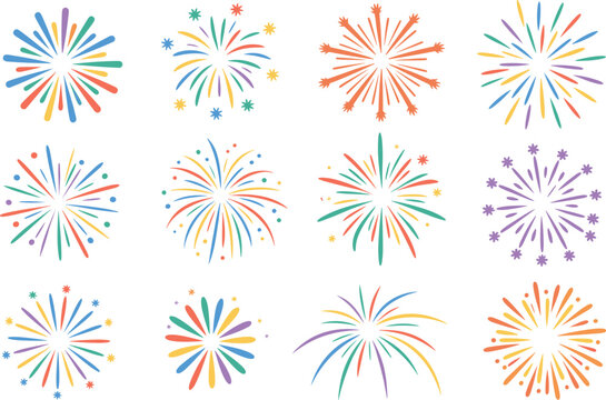 Colorful firework bursts set for celebration events holiday party design elements and firecracker